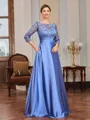 A-line Scoop 3/4 Sleeves Appliques Lace Floor-Length Silk Like Satin Mother of the Bride Dress