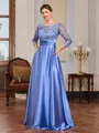 A-line Scoop 3/4 Sleeves Appliques Lace Floor-Length Silk Like Satin Mother of the Bride Dress