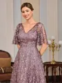 A-line V-neck Short Sleeves Appliques Lace Floor-Length Tulle Mother of the Bride Dress