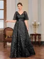 A-line V-neck Short Sleeves Appliques Lace Floor-Length Tulle Mother of the Bride Dress