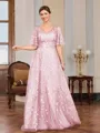 A-line V-neck Short Sleeves Appliques Lace Floor-Length Tulle Mother of the Bride Dress