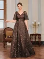 A-line V-neck Short Sleeves Appliques Lace Floor-Length Tulle Mother of the Bride Dress