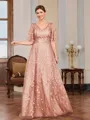 A-line V-neck Short Sleeves Appliques Lace Floor-Length Tulle Mother of the Bride Dress