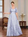 A-line V-neck Short Sleeves Appliques Lace Floor-Length Tulle Mother of the Bride Dress