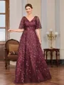 A-line V-neck Short Sleeves Appliques Lace Floor-Length Tulle Mother of the Bride Dress