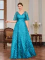 A-line V-neck Short Sleeves Appliques Lace Floor-Length Tulle Mother of the Bride Dress
