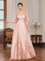 A-line V-neck Short Sleeves Appliques Lace Floor-Length Tulle Mother of the Bride Dress