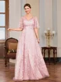 A-line V-neck Short Sleeves Appliques Lace Floor-Length Tulle Mother of the Bride Dress