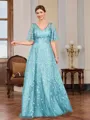 A-line V-neck Short Sleeves Appliques Lace Floor-Length Tulle Mother of the Bride Dress