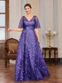 A-line V-neck Short Sleeves Appliques Lace Floor-Length Tulle Mother of the Bride Dress