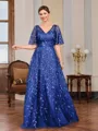 A-line V-neck Short Sleeves Appliques Lace Floor-Length Tulle Mother of the Bride Dress