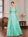 A-line V-neck Short Sleeves Appliques Lace Floor-Length Tulle Mother of the Bride Dress
