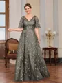 A-line V-neck Short Sleeves Appliques Lace Floor-Length Tulle Mother of the Bride Dress