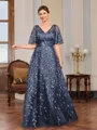 A-line V-neck Short Sleeves Appliques Lace Floor-Length Tulle Mother of the Bride Dress