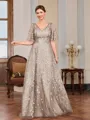 A-line V-neck Short Sleeves Appliques Lace Floor-Length Tulle Mother of the Bride Dress