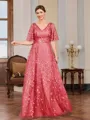 A-line V-neck Short Sleeves Appliques Lace Floor-Length Tulle Mother of the Bride Dress