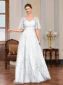 A-line V-neck Short Sleeves Appliques Lace Floor-Length Tulle Mother of the Bride Dress