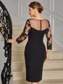 Sheath Scoop 3/4 Sleeves Appliques Lace Knee-Length Stretch Crepe Mother of the Bride Dress