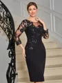 Sheath Scoop 3/4 Sleeves Appliques Lace Knee-Length Stretch Crepe Mother of the Bride Dress