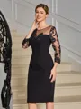 Sheath Scoop 3/4 Sleeves Appliques Lace Knee-Length Stretch Crepe Mother of the Bride Dress
