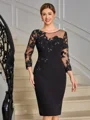 Sheath Scoop 3/4 Sleeves Appliques Lace Knee-Length Stretch Crepe Mother of the Bride Dress