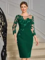 Sheath Scoop 3/4 Sleeves Appliques Lace Knee-Length Stretch Crepe Mother of the Bride Dress