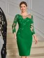 Sheath Scoop 3/4 Sleeves Appliques Lace Knee-Length Stretch Crepe Mother of the Bride Dress