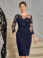Sheath Scoop 3/4 Sleeves Appliques Lace Knee-Length Stretch Crepe Mother of the Bride Dress