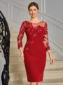 Sheath Scoop 3/4 Sleeves Appliques Lace Knee-Length Stretch Crepe Mother of the Bride Dress