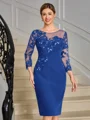 Sheath Scoop 3/4 Sleeves Appliques Lace Knee-Length Stretch Crepe Mother of the Bride Dress