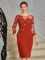 Sheath Scoop 3/4 Sleeves Appliques Lace Knee-Length Stretch Crepe Mother of the Bride Dress