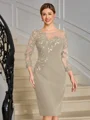 Sheath Scoop 3/4 Sleeves Appliques Lace Knee-Length Stretch Crepe Mother of the Bride Dress