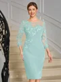 Sheath Scoop 3/4 Sleeves Appliques Lace Knee-Length Stretch Crepe Mother of the Bride Dress