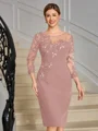 Sheath Scoop 3/4 Sleeves Appliques Lace Knee-Length Stretch Crepe Mother of the Bride Dress