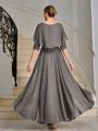 A-line Scoop 1/2 Sleeves Appliques Lace Asymmetrical Chiffon Mother of the Bride Dress