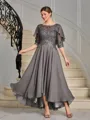A-line Scoop 1/2 Sleeves Appliques Lace Asymmetrical Chiffon Mother of the Bride Dress