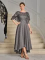 A-line Scoop 1/2 Sleeves Appliques Lace Asymmetrical Chiffon Mother of the Bride Dress