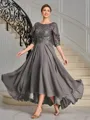 A-line Scoop 1/2 Sleeves Appliques Lace Asymmetrical Chiffon Mother of the Bride Dress