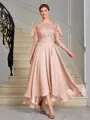 A-line Scoop 1/2 Sleeves Appliques Lace Asymmetrical Chiffon Mother of the Bride Dress