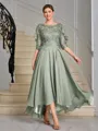 A-line Scoop 1/2 Sleeves Appliques Lace Asymmetrical Chiffon Mother of the Bride Dress
