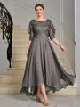 A-line Scoop 1/2 Sleeves Appliques Lace Asymmetrical Chiffon Mother of the Bride Dress