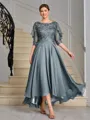 A-line Scoop 1/2 Sleeves Appliques Lace Asymmetrical Chiffon Mother of the Bride Dress