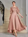 A-line Scoop 1/2 Sleeves Appliques Lace Asymmetrical Chiffon Mother of the Bride Dress