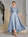 A-line Scoop 1/2 Sleeves Appliques Lace Asymmetrical Chiffon Mother of the Bride Dress