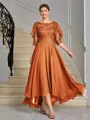A-line Scoop 1/2 Sleeves Appliques Lace Asymmetrical Chiffon Mother of the Bride Dress
