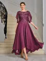 A-line Scoop 1/2 Sleeves Appliques Lace Asymmetrical Chiffon Mother of the Bride Dress