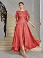 A-line Scoop 1/2 Sleeves Appliques Lace Asymmetrical Chiffon Mother of the Bride Dress