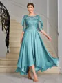 A-line Scoop 1/2 Sleeves Appliques Lace Asymmetrical Chiffon Mother of the Bride Dress