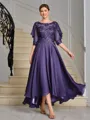 A-line Scoop 1/2 Sleeves Appliques Lace Asymmetrical Chiffon Mother of the Bride Dress