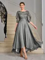 A-line Scoop 1/2 Sleeves Appliques Lace Asymmetrical Chiffon Mother of the Bride Dress
